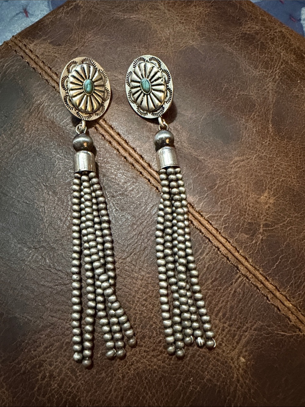 Southwestern style Tassel Earrings with faux Turquoise Accent